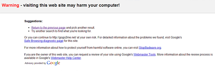 Google warning for affected sites