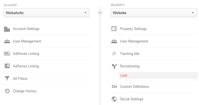 Create a Google Analytics remarketing list from within the admin section.